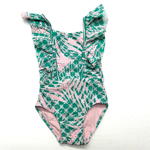 Shade Critters Girls One Piece Pink Swimsuit with Green Hula Skirt